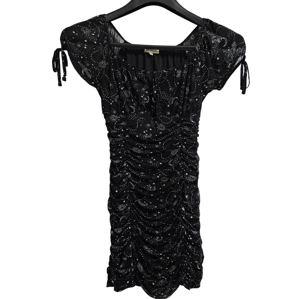 Gothic Whimsigoth Celestial Ultra Flirt Ruched Mini Dress Womens M Black Bodycon